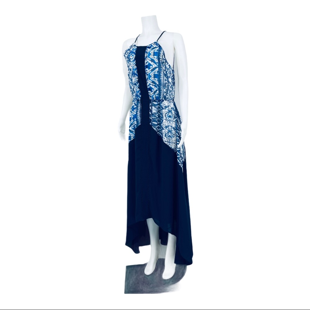 ADELYN REA LADIES MAXI DRESS HIGH LOW HEM  BLUE  WHITE CUT OUT BACK NWOT SMALL